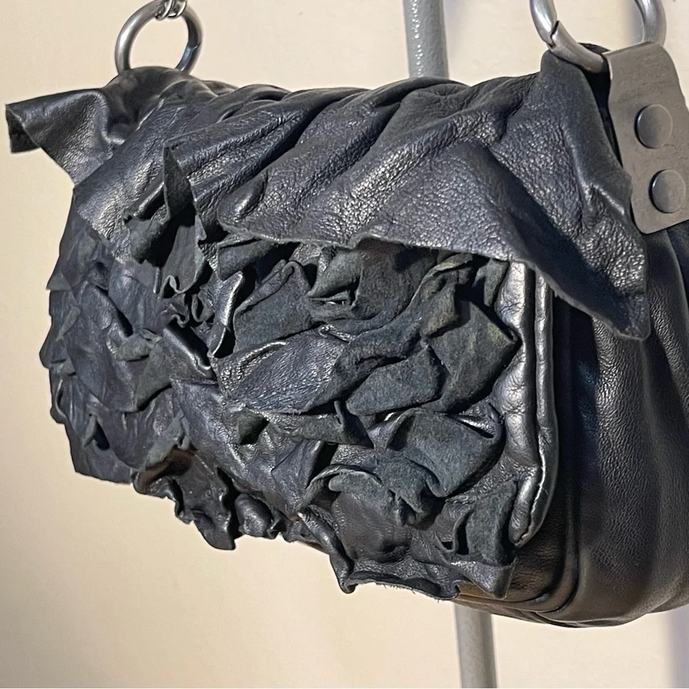 AllSaints Black Ruffled Leather Shoulder Bag Soft Leather Gunmetal Hardware